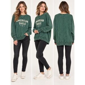 American Eagle Women's  Green Mineral Wash Peace Love Crewneck Sweatshirt Y2K